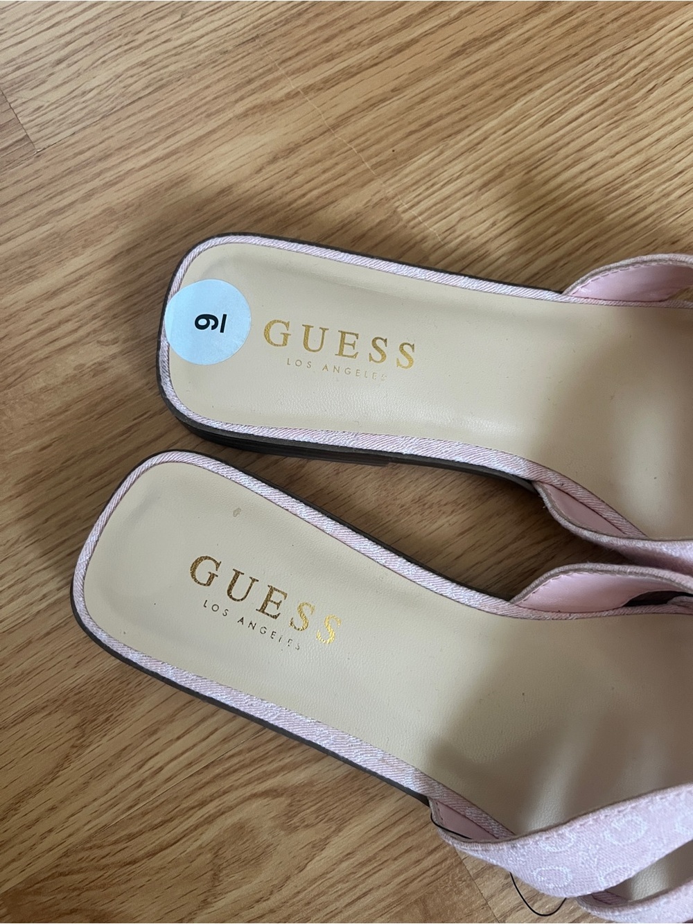 Guess Blush Pink Cross-Strap Slide Sandals with Gold Emblem - Picture 2 of 4